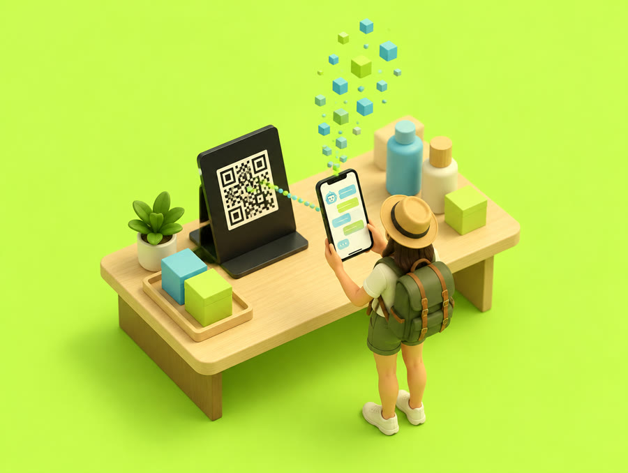 店内のQRコードをスマートフォンで読み取り、AIとチャットしている旅行者の画像